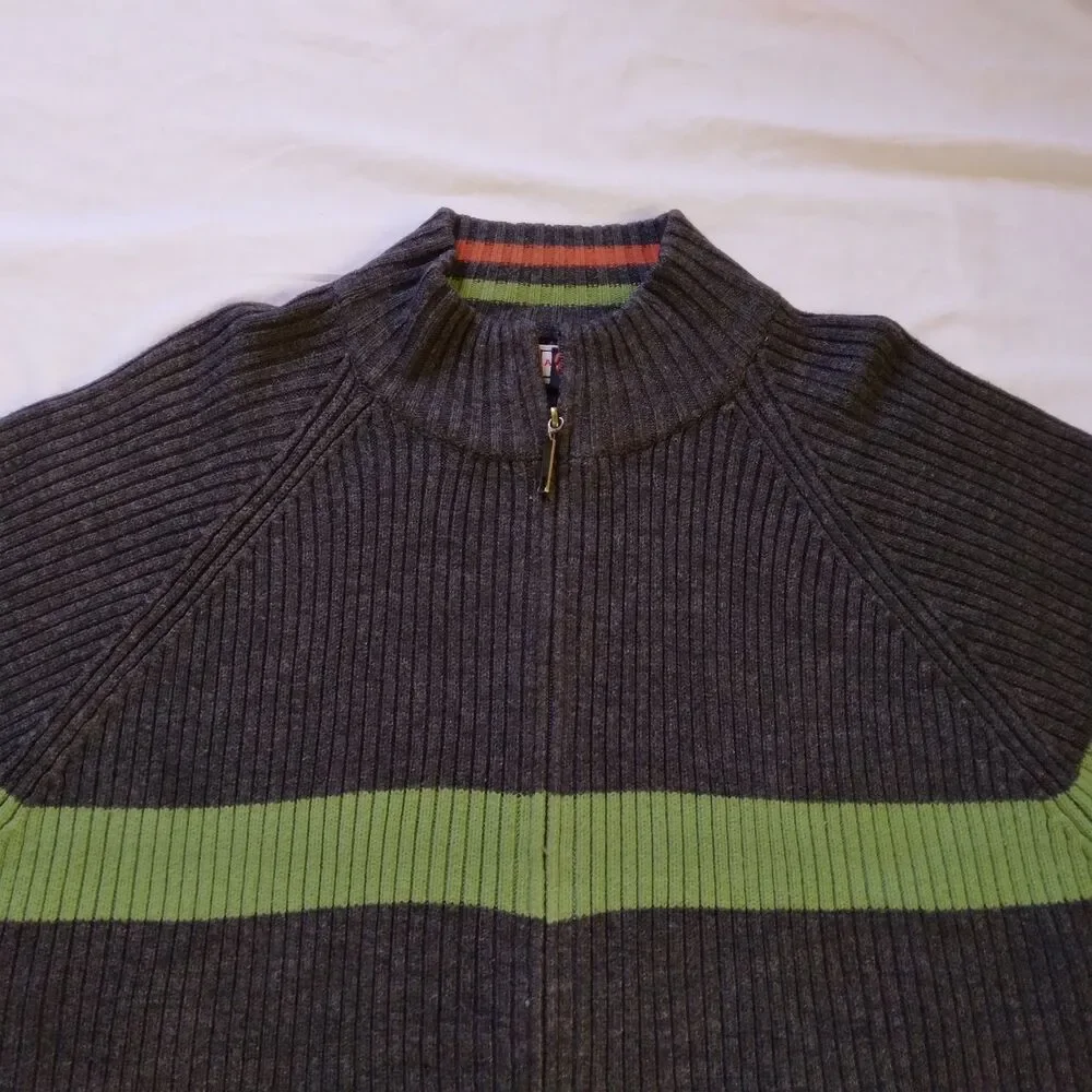 Arizona Jean Company Sweater Full Zip Gray Green Stripe Preppy Y2K Men's XL